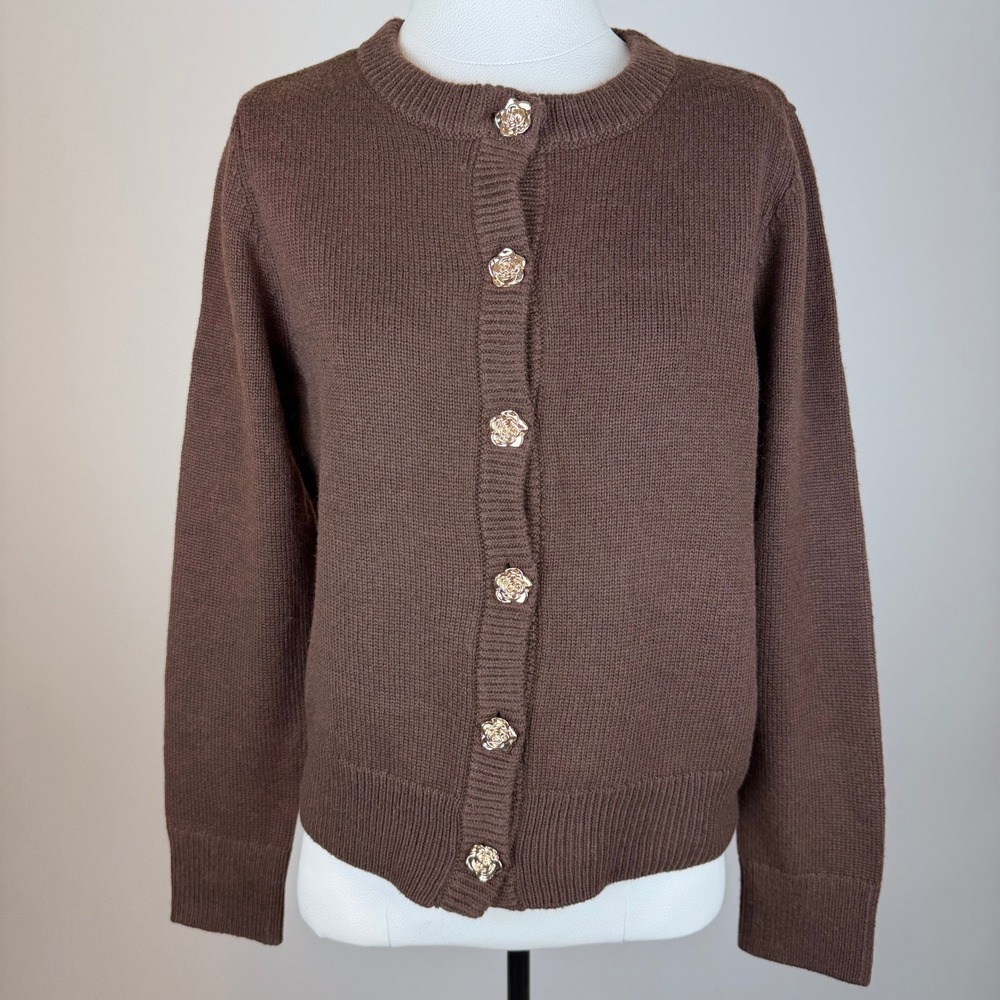 NWT Marled Brown Wool Blend Rose Button Knit Cardigan Sweater Womens Size Medium
